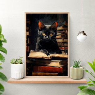 Zwarte katje leest een boek poster