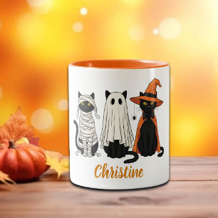Zwarte katten geesten Halloween Tweekleurige Koffiemok