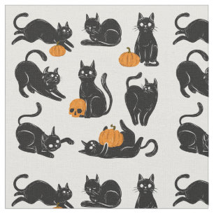 Zwarte katten, Halloween, Pompoenen en Skulls Stof