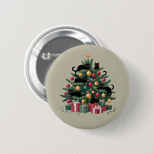 Zwarte Katten Kerstboom Kat Liefhebber Kerst Licht Ronde Button 5,7 Cm