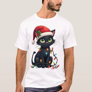 Zwarte Katten Kerstlichtjes Kerstman Hoed Grappig  T-shirt