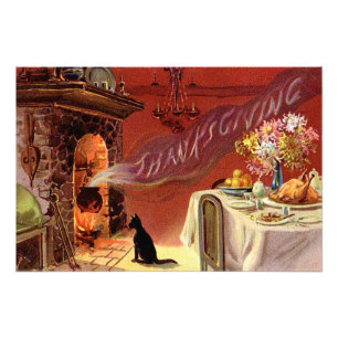Zwarte Katten Kerstmaal op Thanksgiving Foto Afdruk