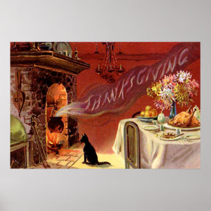Zwarte Katten Kerstmaal op Thanksgiving Poster