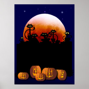 Zwarte katten, maan, pompoenen Poster