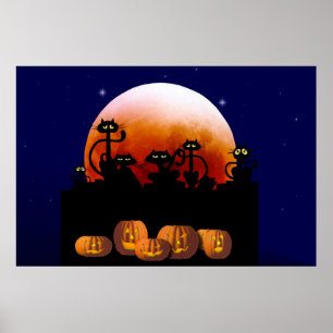 Zwarte katten, maan, pompoenen Poster