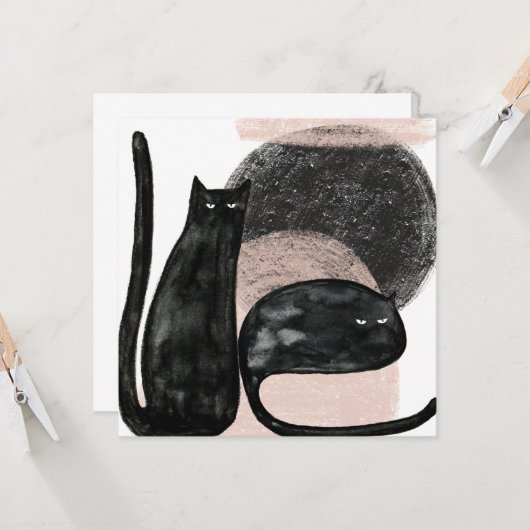 Zwarte katten minimalistische illustratie, kat mod kaart (Voorkant / Achterkant in situ)