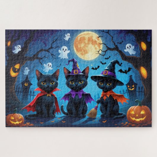 Zwarte Katten Pompoen Halloween Grappig Legpuzzel (Horizontaal)