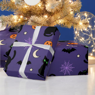 Zwarte katten Pompoenen Vleermuizen Paarse Hallowe Cadeaupapier