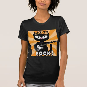 ZWARTE KATTEN ROCK! Black Cartoon Cat Plays Guitar T-shirt