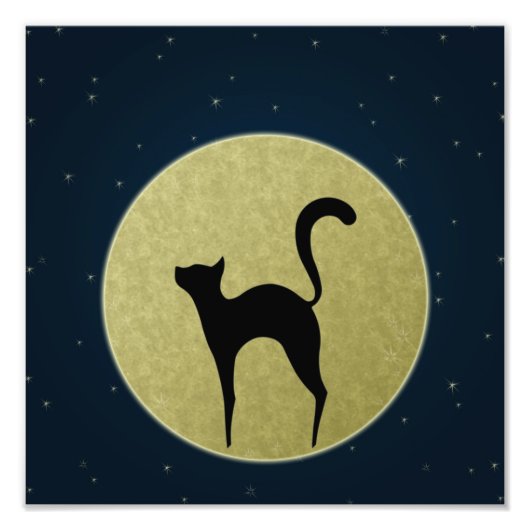 Zwarte kattenelegant silhouet en maan foto afdruk (Voorkant)