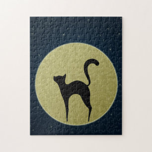 Zwarte kattenelegant silhouet en maan legpuzzel