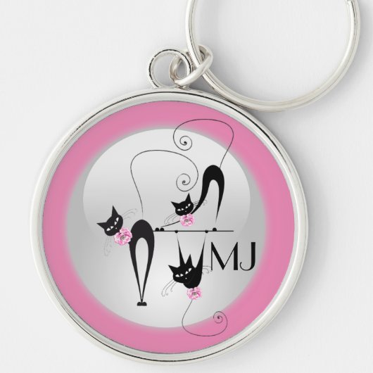 Zwarte kattenroze monogram sleutelhanger (Voorkant)