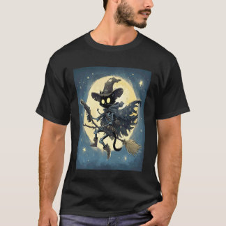Zwarte Kattenskelet met Heksenhoed die op Bezem Ri T-shirt