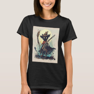 Zwarte Kattenskelet met Heksenhoed die op Bezem Ri T-shirt