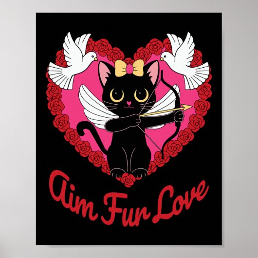 Zwarte kawaii kattencupido met hart en Roos doel v Poster (Voorkant)