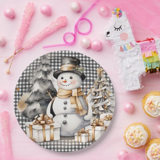 Zwarte kerst sneeuwpop winter ontwerp papieren bordje (Feest)