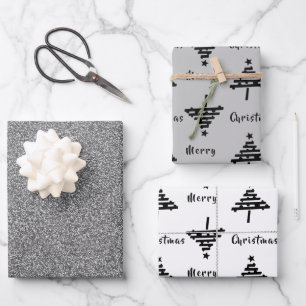 Zwarte kerstboom Faux Silver Glitter Holiday Inpakpapier Vel