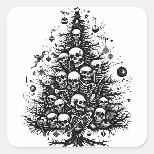 Zwarte kerstboom Schedels en botten Vierkante Sticker (Voorkant)