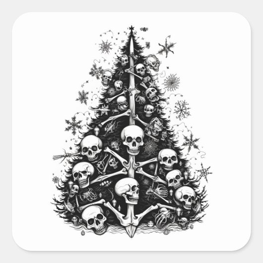 Zwarte kerstboom Schedels en botten Vierkante Sticker (Voorkant)