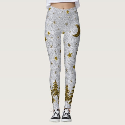 Zwarte kerstboom, sterren op abstract papier leggings (Voorkant)