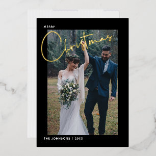 Zwarte kerstfeestfoto van Merry Gold Foil Folie Feestdagenkaart