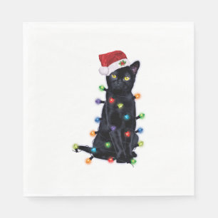 Zwarte kerstkat met kerstverlichting servet
