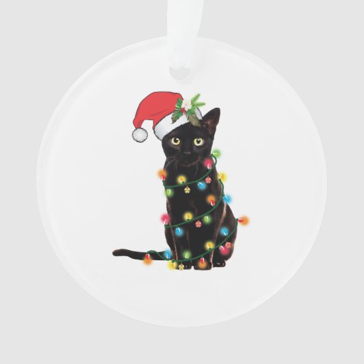 Zwarte kerstkat met lichte kerstmis ornament (voorkant)