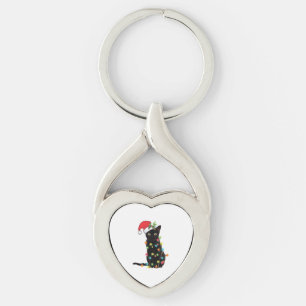 Zwarte kerstkat met lichte kerstmis sleutelhanger