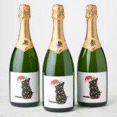 Zwarte kerstkat met lichte kerstmis sparkling wijnetiket (Flessen)