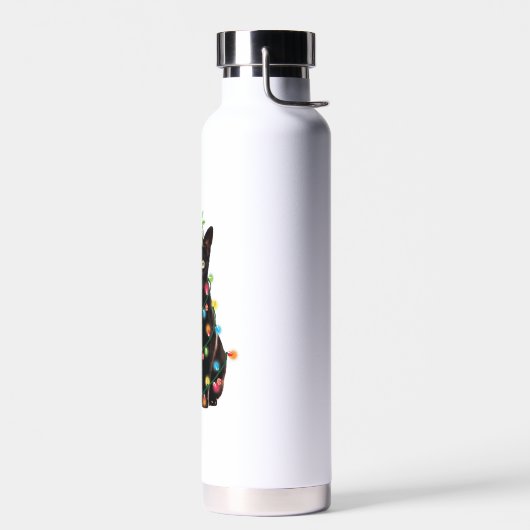 Zwarte kerstkat met lichte kerstmis waterfles (Links)