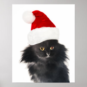 ZWARTE KERSTKAT MET SANTA CLAUS HOED POSTER