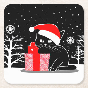 Zwarte Kerstkat Vierkante Kartonnen Onderzetter