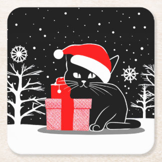 Zwarte Kerstkat Vierkante Kartonnen Onderzetter