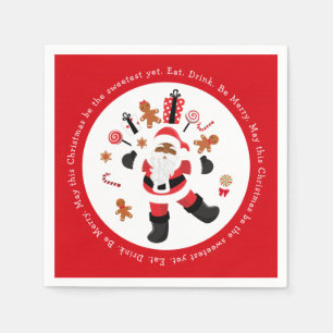 Zwarte Kerstman eet. Drink. Wees vriendelijk. Servet