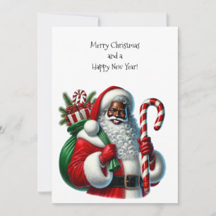 Zwarte Kerstman en Zak met Cadeaus Plat Kaart Pers