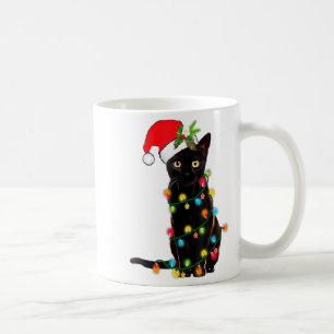 Zwarte Kerstman Kat in Kerstverlichting Verward _1 Koffiemok