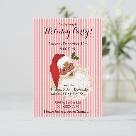 Zwarte Kerstman Rood Wit Streep Uitnodiging (Staand voorkant)
