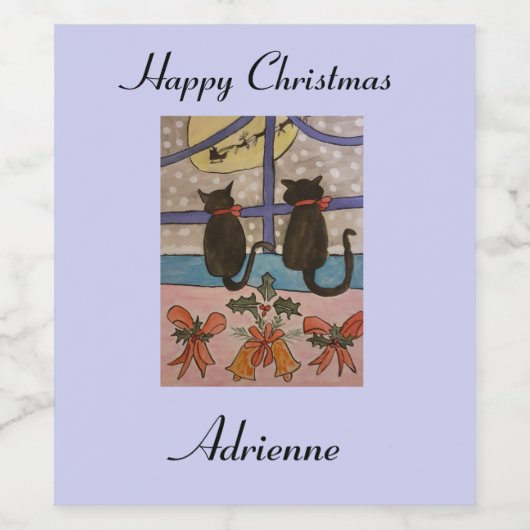 Zwarte kerstwijn-etiketten met kat wijn etiket (Enkel label)