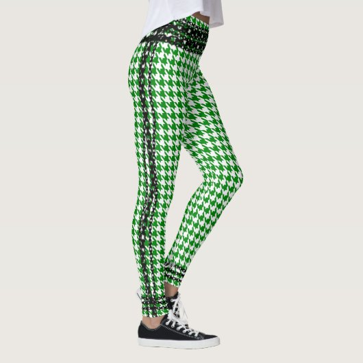 Zwarte Keten Trim Kelly Green White Houndstooth Leggings (Rechts)