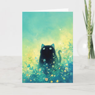 Zwarte Kitten Bloemen Fantasie Kaart