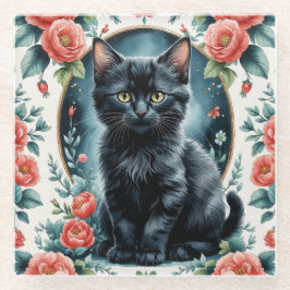  zwarte kitten en pioen glazen onderzetter