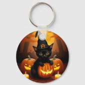 Zwarte kitten in heks Pet te midden van Halloween  Sleutelhanger (Voorkant)