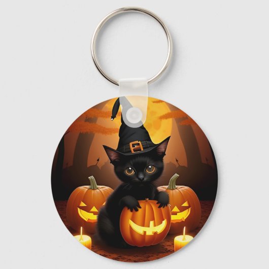 Zwarte kitten in heks Pet te midden van Halloween  Sleutelhanger (Voorkant)