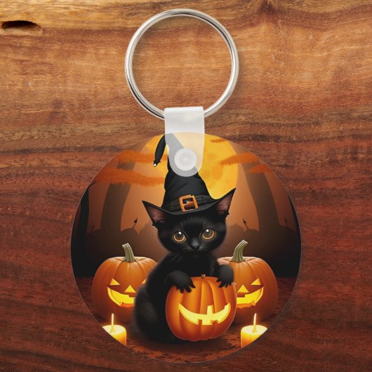 Zwarte kitten in heks Pet te midden van Halloween Sleutelhanger (Voorkant)