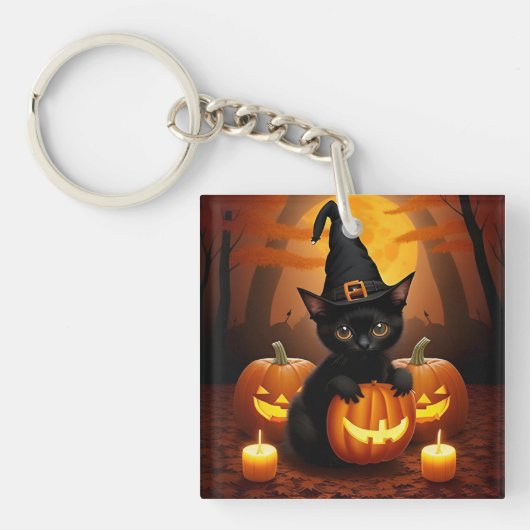 Zwarte kitten in heks Pet te midden van Halloween Sleutelhanger (voorkant)