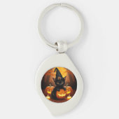 Zwarte kitten in heks Pet te midden van Halloween  Sleutelhanger (Voorkant)