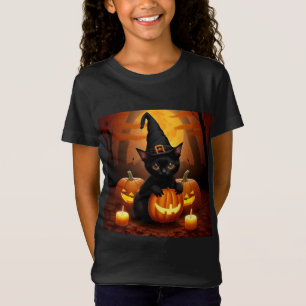Zwarte kitten in heks Pet te midden van Halloween T-shirt