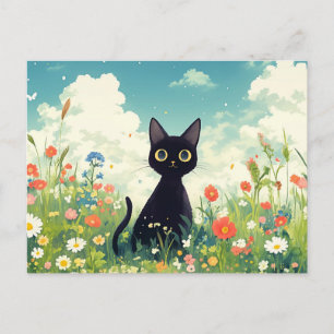 Zwarte Kitten in Zonnige Wildebloemen Zomerweide Briefkaart