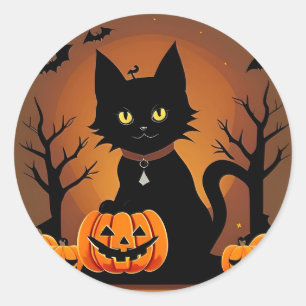 Zwarte Kitten Pompoen Heksenhoed Cute Halloween Ronde Sticker