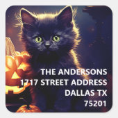 Zwarte Kitten & Pompoenen Halloween Adres Sticker (Voorkant)